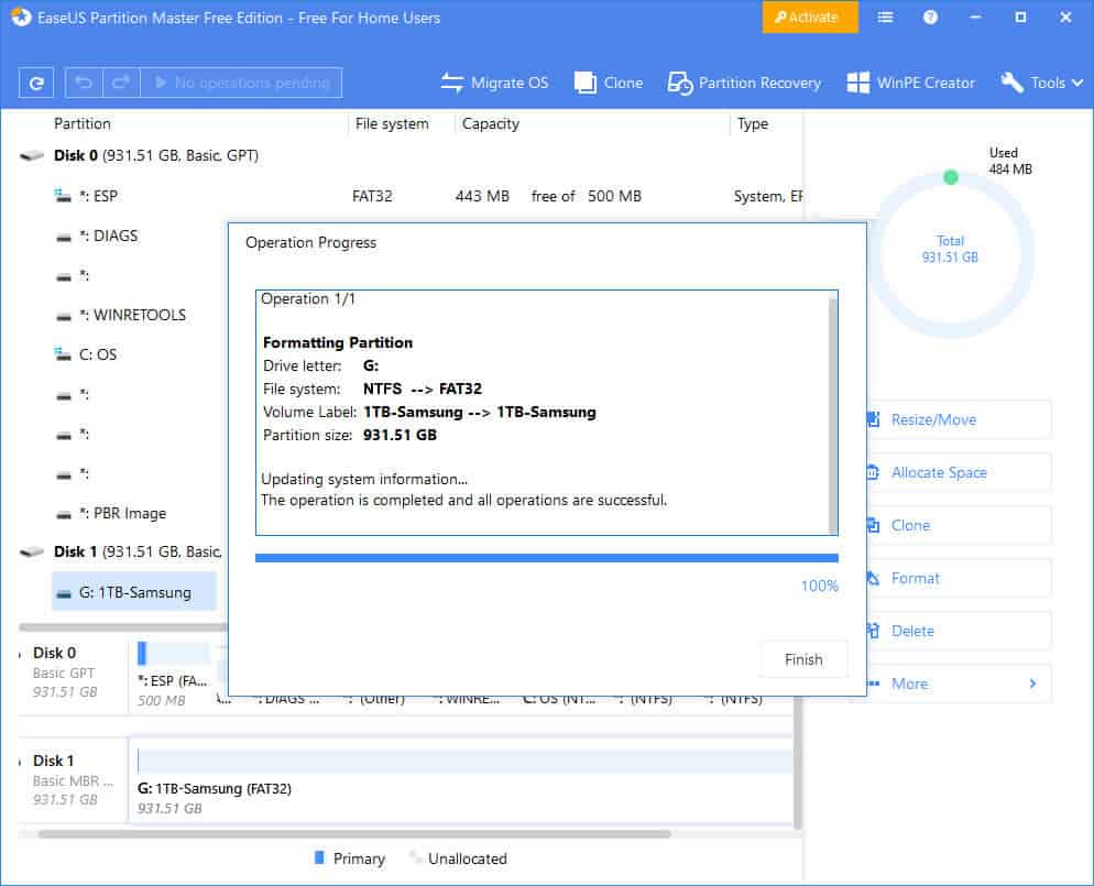 EaseUS Partition Master - Format completed