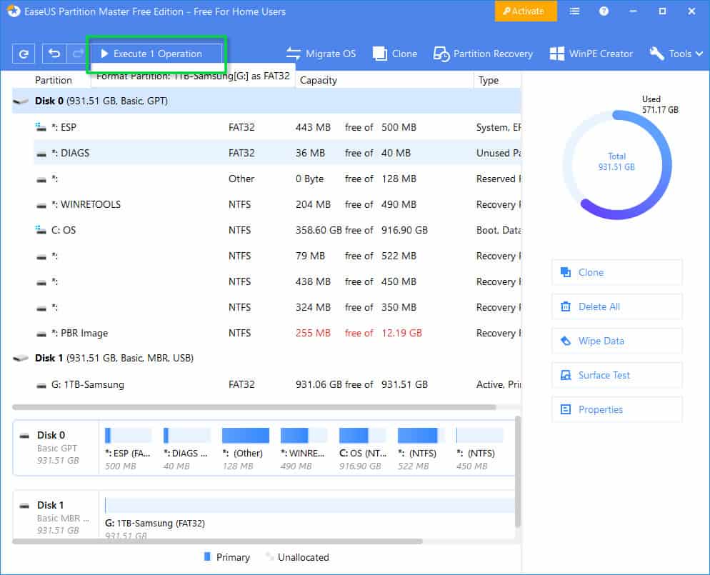 EaseUS Partiton Master - Initiate formatting