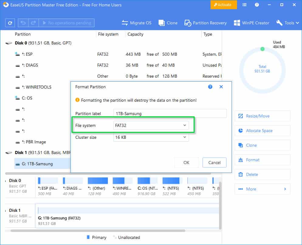 EaseUS Partition Master - Format screen