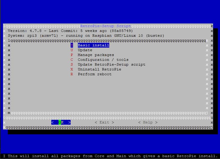 The RetroPie setup screen